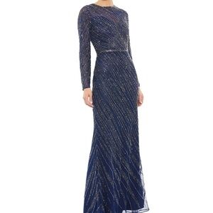 Mac Duggal Navy and Silver Embellished Maxi Dress